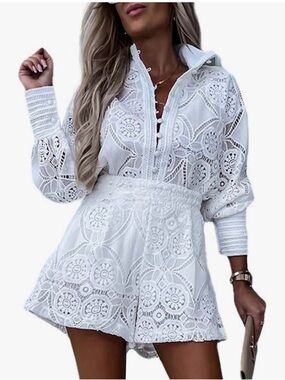 White Lace Button-Down Women's Top and Matching Short Set